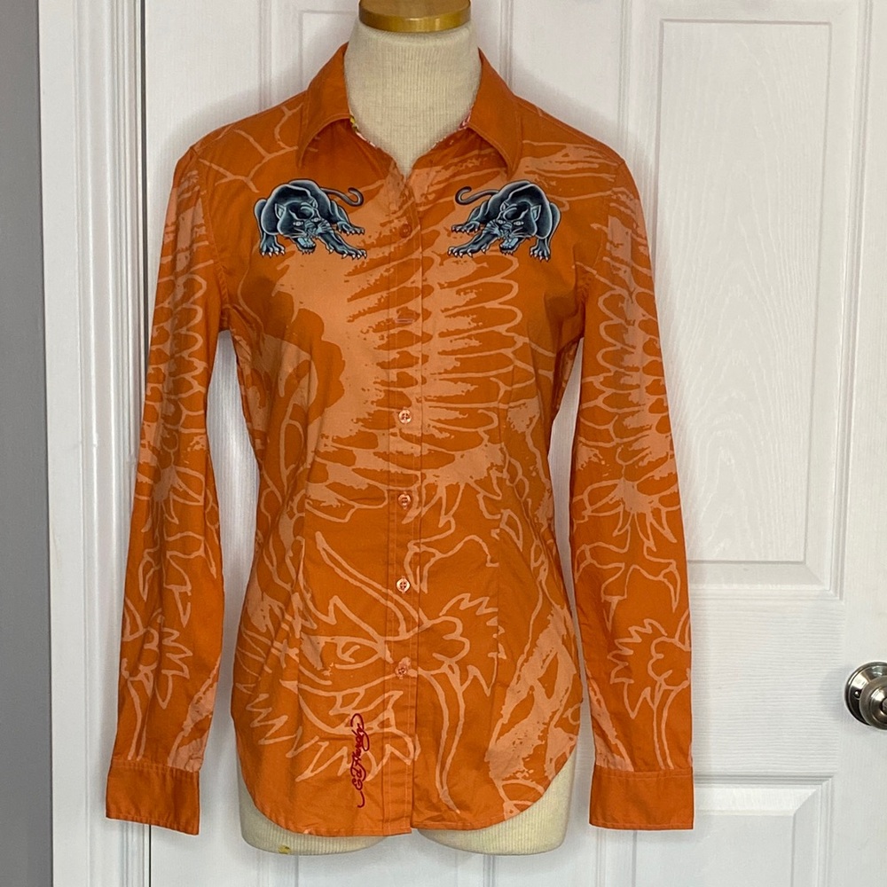 Ed Hardy Orange Tattoo Graphic Button Down Y2K Western Shirt L - Picture 3 of 16